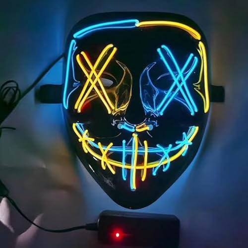 Gruselige LED-Halloween-Maske, Halloween-Masken, leuchtendes Cosplay, leuchtendes Horror-Lächeln, Gesicht für Männer, Frauen, Kinder, Anonyme Neongeschenke (Blau und Gelb) von WFKKMEQ