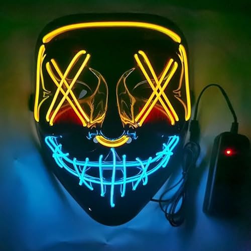 Gruselige LED-Halloween-Maske, Halloween-Masken, leuchtendes Cosplay, leuchtendes Horror-Lächeln, Gesicht für Männer, Frauen, Kinder, anonyme Neongeschenke (Gelb und Blau) von WFKKMEQ