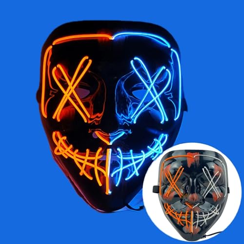 Gruselige LED-Halloween-Maske, Halloween-Masken, leuchtendes Cosplay, leuchtendes Horror-Lächeln, Gesicht für Männer, Frauen, Kinder, anonyme Neongeschenke (Orange und Eisblau) von WFKKMEQ