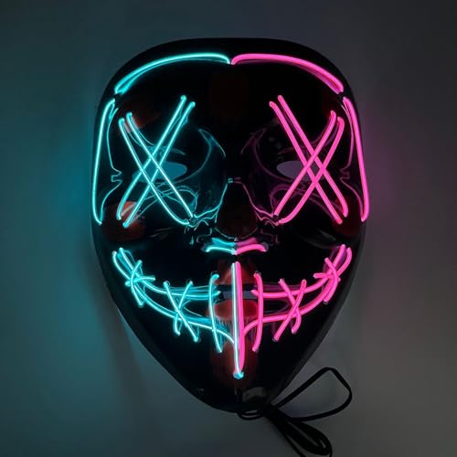Gruselige LED-Purge-Maske, Halloween-Masken, leuchtendes Cosplay, leuchtendes Horror-Lächeln, Gesicht für Männer, Frauen, Kinder, anonyme Neongeschenke (Eisblau und Rosa) von WFKKMEQ