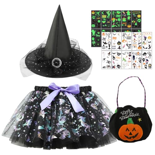 Halloween Hexenkostüm kinder, Hexen Verkleidung Set mit Tutu Tüllrock, Hexenhut, Aufkleber und Bonbontüte Hexen Kostüm Halloween Cosplay Faschingskostüm Tutu Rock Ballettrock für Halloween Cosplay Halloween Hexenkostüm kinder, Hexen Verkleidung Set mit Tutu Tüllrock, Hexenhut, Aufkleber und Bonbontüte Hexen Kostüm Halloween Cosplay Faschingskostüm Tutu Rock Ballettrock für Halloween Cosplay von WFKKMEQ