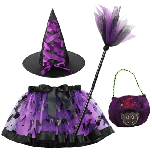 Halloween Hexenkostüm kinder, Hexen Verkleidung Set mit Tutu Tüllrock, Hexenhut, Besen und Bonbontüte Hexen Kostüm Halloween Cosplay Faschingskostüm Tutu Rock Ballettrock für Halloween Cosplay Halloween Hexenkostüm kinder, Hexen Verkleidung Set mit Tutu Tüllrock, Hexenhut, Besen und Bonbontüte Hexen Kostüm Halloween Cosplay Faschingskostüm Tutu Rock Ballettrock für Halloween Cosplay von WFKKMEQ