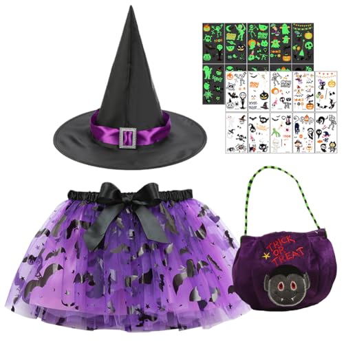 Halloween Kostüm Kinder, Hexenkostüm Hexen Verkleidung Set mit Tutu Tüllrock, Hexenhut, Aufkleber und Bonbontüte Halloween Cosplay Faschingskostüm Tutu Rock Ballettrock für Fasching Cosplay Party von WFKKMEQ