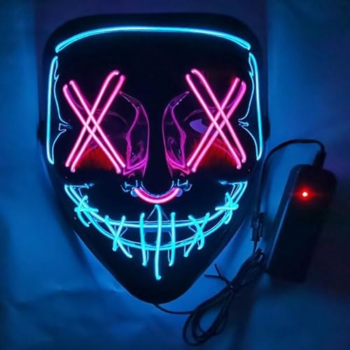 Halloween-Masken, gruselige LED-Halloween-Maske, leuchtendes Cosplay, leuchtendes Horror-Lächeln, Gesicht für Männer, Frauen, Kinder, anonyme Neongeschenke (Rosa und Eisblau) von WFKKMEQ