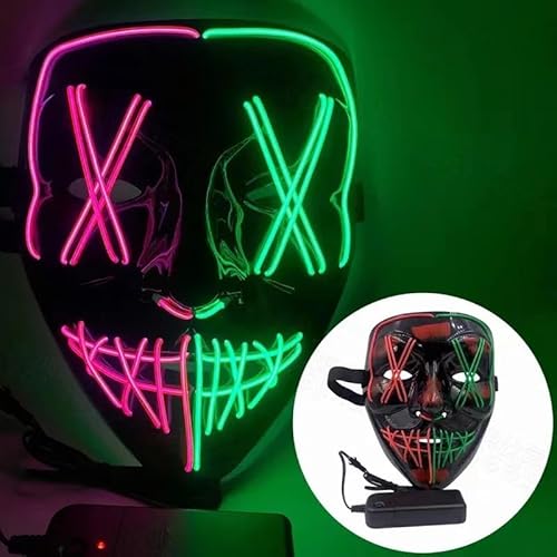 Halloween-Masken, gruselige LED-Halloween-Maske, leuchtendes Cosplay, leuchtendes Horror-Lächeln, Gesicht für Männer, Frauen, Kinder, anonyme Neongeschenke (Rosa und Smaragdgrün) von WFKKMEQ