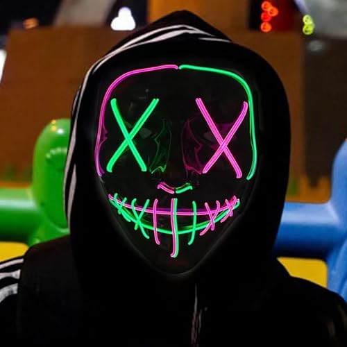 Halloween-Masken, gruselige LED-Halloween-Maske, leuchtendes Cosplay, leuchtendes Horror-Lächeln, Gesicht für Männer, Frauen, Kinder, anonyme Neongeschenke (Smaragdgrün und Rosa) von WFKKMEQ