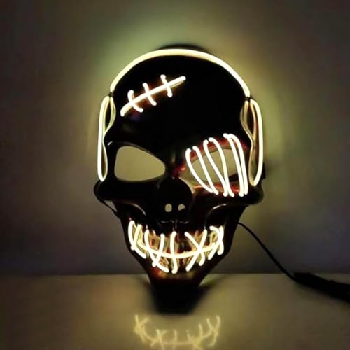 Halloween-Totenkopf-Maske, gruselige LED-Halloween-Maske, Halloween-Masken, leuchtendes Cosplay, leuchtendes Horror-Lächeln, Gesicht für Männer, Frauen, Kinder, Anonyme Neongeschenke (gelb) von WFKKMEQ