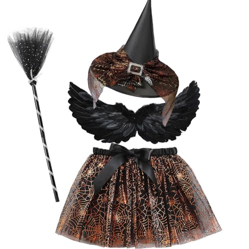 Hexenkostüm Kinder, Halloween Kostüm Accessoire Set mit Tüllrock Flügel Hexenhut und Zauberstab Tutu Cosplay Kostüm Zubehör Halloween Fasching Karneval Party Bekleidung für Kinder Hexenkostüm Kinder, Halloween Kostüm Accessoire Set mit Tüllrock Flügel Hexenhut und Zauberstab Tutu Cosplay Kostüm Zubehör Halloween Fasching Karneval Party Bekleidung für Kinder von WFKKMEQ