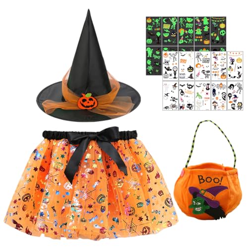 Hexenkostüm Kinder, Halloween Kostüm Hexen Verkleidung Set mit Tutu Tüllrock, Hexenhut, Aufkleber und Bonbontüte Cosplay Faschingskostüm Karneval Kostüm für Karneval Halloween Fasching Cosplay Party von WFKKMEQ