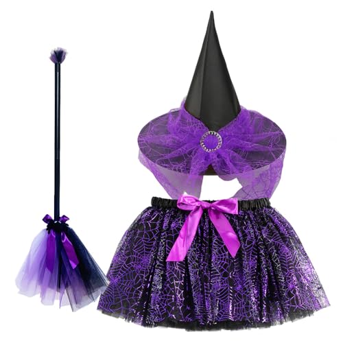 Hexenkostüm-Zubehör, Halloween-Kostüm mit Hexenhut, TuTu-Rock, hohen Socken und Besen, Hexen, Cosplay, Outfit, Zubehör für Kinder, Halloween, Karneval, Party, Verkleidung, Cosplay (lila) von WFKKMEQ