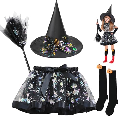 Hexenkostüm-Zubehör, Halloween-Kostüm mit Hexenhut, TuTu-Rock, hohen Socken und Besen, Hexen, Cosplay-Outfit, Zubehör für Kinder, Halloween, Karneval, Party, Verkleidung, Cosplay (schwarz) von WFKKMEQ