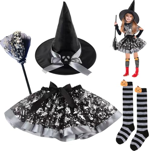 Hexenkostüm für Mädchen, Halloween-Kostüm-Set mit Hexenhut, TuTu-Rock, hohen Socken und Besen, Hexen, Cosplay-Outfit, Zubehör für Kinder, Halloween, Karneval, Party, Verkleidung, Cosplay (schwarz) Hexenkostüm für Mädchen, Halloween-Kostüm-Set mit Hexenhut, TuTu-Rock, hohen Socken und Besen, Hexen, Cosplay-Outfit, Zubehör für Kinder, Halloween, Karneval, Party, Verkleidung, Cosplay (schwarz) von WFKKMEQ