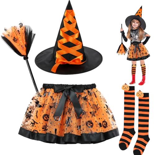 Hexenkostüm für Mädchen, Halloween-Kostüm-Set mit Hexenhut, TuTu-Rock, hohen Socken und Besen, Hexen, Cosplay-Outfit, Zubehör für Kinder, Halloween, Karneval, Party, Verkleidung, Cosplay (Orange) Hexenkostüm für Mädchen, Halloween-Kostüm-Set mit Hexenhut, TuTu-Rock, hohen Socken und Besen, Hexen, Cosplay-Outfit, Zubehör für Kinder, Halloween, Karneval, Party, Verkleidung, Cosplay (Orange) von WFKKMEQ