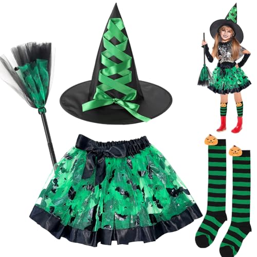Hexenkostüm für Mädchen, Halloween-Kostüm-Set mit Hexenhut, TuTu-Rock, hohen Socken und Besen, Hexen, Cosplay-Outfit, Zubehör für Kinder, Halloween, Karneval, Party, Verkleidung, Cosplay (grün) Hexenkostüm für Mädchen, Halloween-Kostüm-Set mit Hexenhut, TuTu-Rock, hohen Socken und Besen, Hexen, Cosplay-Outfit, Zubehör für Kinder, Halloween, Karneval, Party, Verkleidung, Cosplay (grün) von WFKKMEQ
