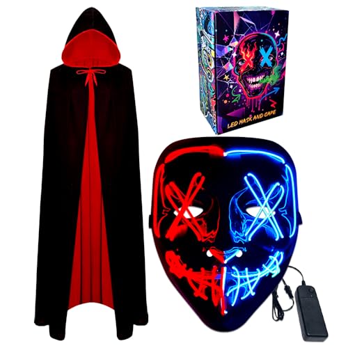 LED-Halloween-Maske, Vampirumhang und leuchtende Maske, Cosplay-Kostüm, gruselige Halloween-Masken, Kostüme, LED-Rave-Gesichtsmasken, wendbarer Umhang mit Kapuze, Party-Verkleidung Outfit für LED-Halloween-Maske, Vampirumhang und leuchtende Maske, Cosplay-Kostüm, gruselige Halloween-Masken, Kostüme, LED-Rave-Gesichtsmasken, wendbarer Umhang mit Kapuze, Party-Verkleidung Outfit für von WFKKMEQ