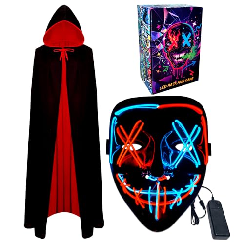 LED-Halloween-Maske und Vampirumhang, leuchtende Maske, Cosplay-Kostüm, gruselige Halloween-Masken, Kostüme, LED-Rave-Gesichtsmasken, wendbarer Umhang mit Kapuze, Party-Verkleidung Outfit für von WFKKMEQ