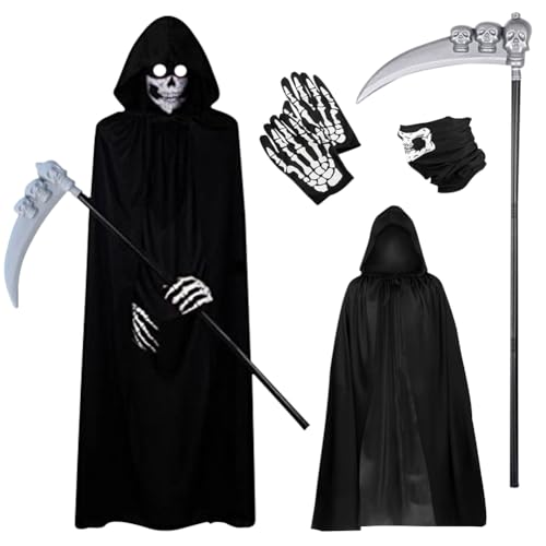 WFKKMEQ Halloween-Kostüm, Sensenmann-Kostüm, schwarzes Sensenmann-Kostüm, Halloween-Grusel-Sensenmann-Set, Todes-Party-Cosplay-Zubehör, schwarzer Kapuzenumhang, mit Sense, Handschuhen von WFKKMEQ