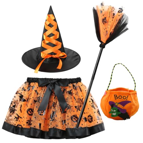 WFKKMEQ Halloween Kostüm Kinder, Hexenkostüm Hexen Verkleidung Set mit Tutu Tüllrock, Hexenhut, Besen Bonbontüte Halloween Cosplay Faschingskostüm Tutu Rock Ballettrock für Fasching Cosplay Party von WFKKMEQ