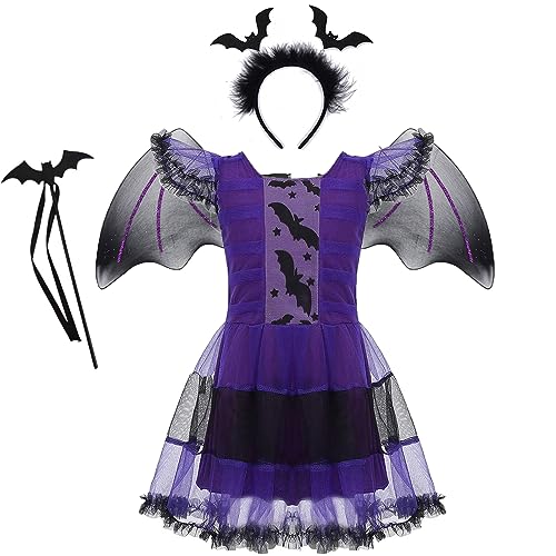 WFKKMEQ Halloween-Kostüm für Mädchen, Fledermaus-Cosplay-Outfit, Zubehör mit Stirnband, Kleid und Süßigkeitentasche, Halloween-Kostüm, für Kinder, Halloween, Karneval, Party, Verkleidung, Cosplay (140 WFKKMEQ Halloween-Kostüm für Mädchen, Fledermaus-Cosplay-Outfit, Zubehör mit Stirnband, Kleid und Süßigkeitentasche, Halloween-Kostüm, für Kinder, Halloween, Karneval, Party, Verkleidung, Cosplay (140 von WFKKMEQ