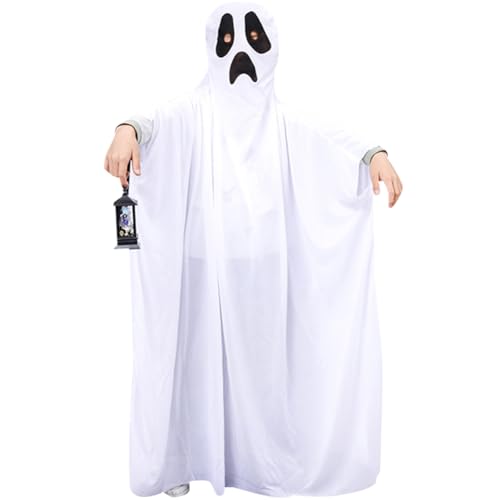 WFKKMEQ Halloween-Kostüme für Kinder, weißer Geister-Poncho, Geister-Kostüm für Kinder, gruselig, gruselig, Halloween-Kostüm, Umhang für Kinder, Jungen, Mädchen, Cosplay, Party, Süßes oder Saures, 130 von WFKKMEQ