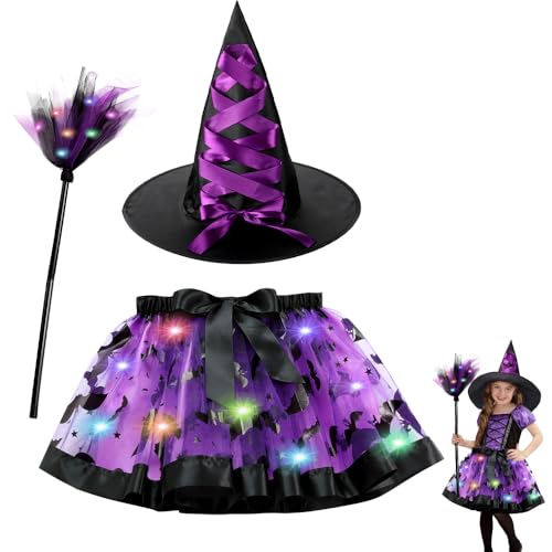 WFKKMEQ Hexenkostüm-Zubehör-Set, Halloween-Kostüm mit Hexenhut, LED-Tu-Rock und LED-Besen, Hexen, Cosplay-Outfit, Zubehör für Kinder, Halloween, Karneval, Party, Verkleidung, Cosplay von WFKKMEQ