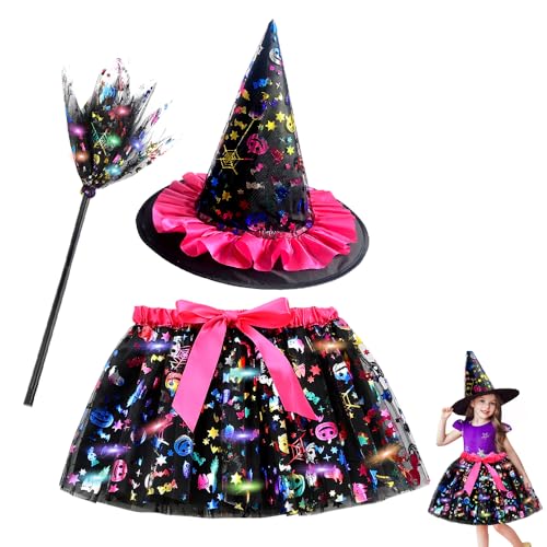 WFKKMEQ Hexenkostüm-Zubehör-Set, Halloween-Kostüm mit Hexenhut, LED-Tu-Rock und LED-Besen, Hexen, Cosplay-Outfit, Zubehör für Kinder, Karneval, Halloween, Party, Verkleidung, Cosplay von WFKKMEQ