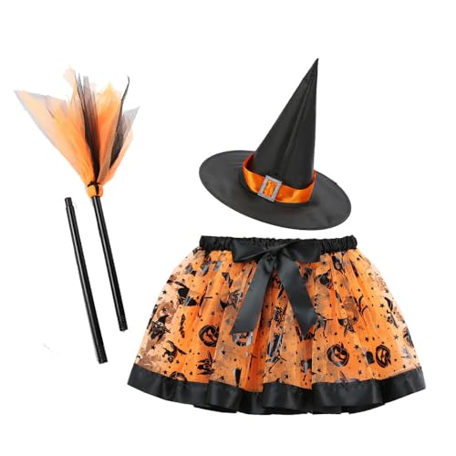 WFKKMEQ Hexenkostüm für Mädchen, Halloween-Kostüm-Set mit Hexenhut, LEDTuTu Rock und LED-Besen, Hexen, Cosplay-Outfit, Zubehör für Kinder, Halloween, Karneval, Party, Verkleidung, Cosplay von WFKKMEQ