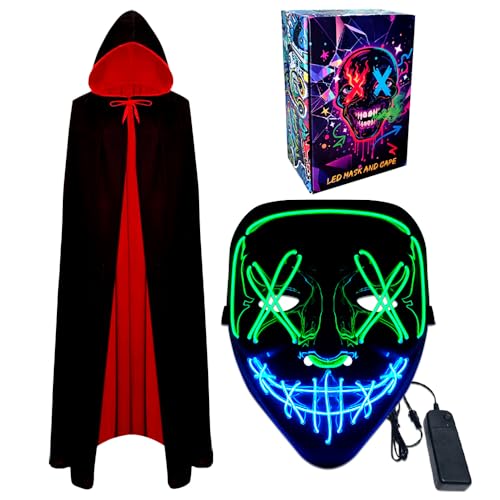 WFKKMEQ LED-Halloween-Maske, Vampirumhang und leuchtende Maske, Cosplay-Kostüm, Halloween-Masken, Kostüme, LED-Rave-Gesichtsmasken, wendbarer Umhang mit Kapuze, Party-Verkleidung Outfit für Erwachsene WFKKMEQ LED-Halloween-Maske, Vampirumhang und leuchtende Maske, Cosplay-Kostüm, Halloween-Masken, Kostüme, LED-Rave-Gesichtsmasken, wendbarer Umhang mit Kapuze, Party-Verkleidung Outfit für Erwachsene von WFKKMEQ