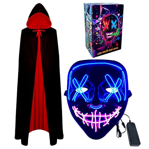 WFKKMEQ LED-Halloween-Maske und Vampirumhang, leuchtende Maske, Cosplay-Kostüm, Halloween-Masken, Kostüme, LED-Rave-Gesichtsmasken, wendbarer Umhang mit Kapuze, Party-Kostüm, Outfit für Erwachsene WFKKMEQ LED-Halloween-Maske und Vampirumhang, leuchtende Maske, Cosplay-Kostüm, Halloween-Masken, Kostüme, LED-Rave-Gesichtsmasken, wendbarer Umhang mit Kapuze, Party-Kostüm, Outfit für Erwachsene von WFKKMEQ