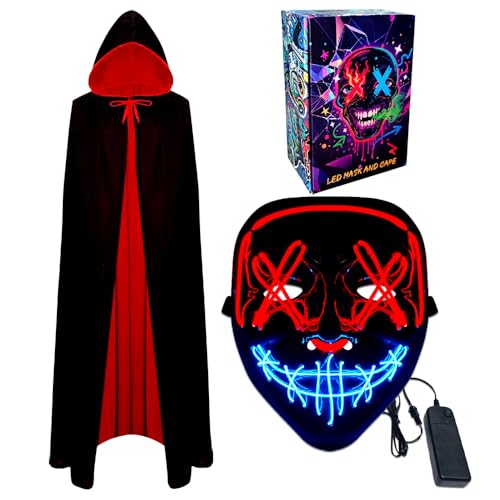 WFKKMEQ LED-Halloween-Maske und Vampirumhang, leuchtende Maske, Cosplay-Kostüm, Halloween-Masken, Kostüme, LED-Rave-Gesichtsmasken, wendbarer Umhang mit Kapuze, Party-Verkleidung Outfit für Erwachsene WFKKMEQ LED-Halloween-Maske und Vampirumhang, leuchtende Maske, Cosplay-Kostüm, Halloween-Masken, Kostüme, LED-Rave-Gesichtsmasken, wendbarer Umhang mit Kapuze, Party-Verkleidung Outfit für Erwachsene von WFKKMEQ