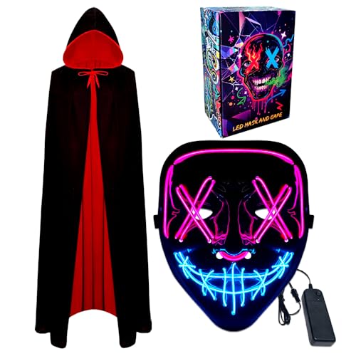 WFKKMEQ LED-Halloween-Maske und Vampirumhang, leuchtende Maske, Cosplay-Kostüm, Halloween-Masken, Kostüme, LED-Rave-Gesichtsmasken, wendbarer Umhang mit Kapuze, Party-Verkleidung Outfit für Erwachsene WFKKMEQ LED-Halloween-Maske und Vampirumhang, leuchtende Maske, Cosplay-Kostüm, Halloween-Masken, Kostüme, LED-Rave-Gesichtsmasken, wendbarer Umhang mit Kapuze, Party-Verkleidung Outfit für Erwachsene von WFKKMEQ