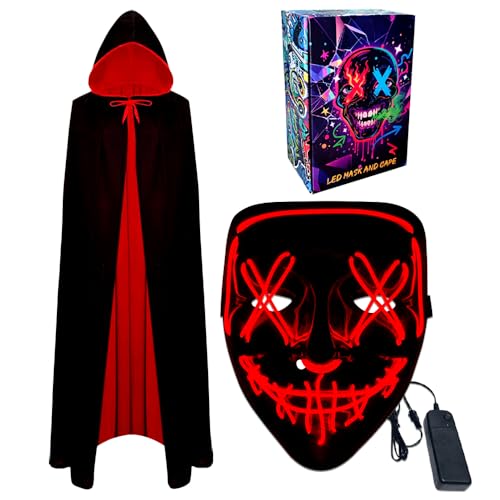 WFKKMEQ LED-Halloween-Maske und Vampirumhang, leuchtende Maske, Cosplay-Kostüm, gruselige Halloween-Masken, Kostüme, LED-Rave-Gesichtsmasken, wendbarer Umhang mit Kapuze, Party-Verkleidung für von WFKKMEQ