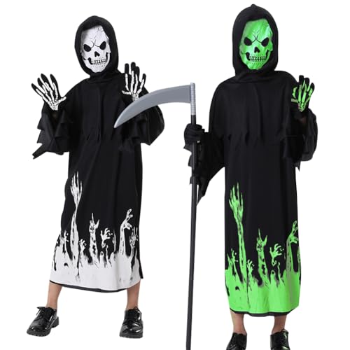 WFKKMEQ Sensenmann-Kostüm, Halloween, leuchtet im Dunkeln, Sensenmann-Kostüm, Halloween-Grusel-Kinder-Outfit-Set, Sensenmann-Umhang, Handschuhe, Sichel Cosplay - 2XL/150 Oversized E von WFKKMEQ