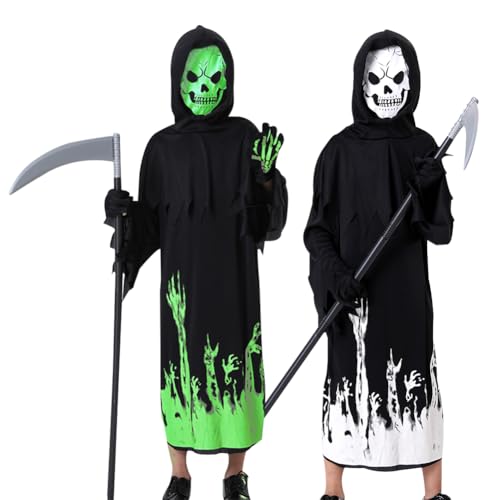 WFKKMEQ Sensenmann Kostüm, Halloween Glühender Sensenmann Kostüm, Gruseliges Kinder Outfit Set, Todesparty Cosplay für Jugendliche, Sensenmann Umhang, XL/140, Oversized D von WFKKMEQ