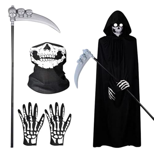 WFKKMEQ Sensenmann-Kostüm für Kinder, schwarzes Sensenmann-Kostüm, Halloween-Grusel-Set, Todes-Party, Cosplay-Zubehör für Jugendliche, schwarzer Kapuzenumhang, mit Sense, Handschuhen, Gesichtskleidung von WFKKMEQ