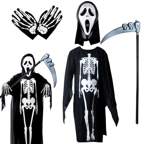 WFKKMEQ Skelett-Kostüm, 4-teiliges Halloween-Kostüm-Set mit Robe, Handschuhen, Maske, Spielzeug-Requisiten, Halloween-Outfits, Cosplay-Kostüm, Party-Outfit, Zubehör für Karneval, Maskerade, Cosplay WFKKMEQ Skelett-Kostüm, 4-teiliges Halloween-Kostüm-Set mit Robe, Handschuhen, Maske, Spielzeug-Requisiten, Halloween-Outfits, Cosplay-Kostüm, Party-Outfit, Zubehör für Karneval, Maskerade, Cosplay von WFKKMEQ