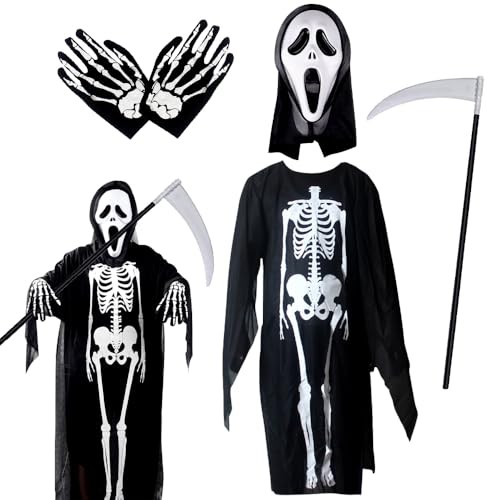 WFKKMEQ Skelett-Kostüm, 4-teiliges Halloween-Kostüm-Set mit Robe, Handschuhen, Maske, Spielzeug-Requisiten, Halloween-Outfits, Cosplay-Kostüm, Party-Outfit, Zubehör für Karneval, Maskerade, Cosplay WFKKMEQ Skelett-Kostüm, 4-teiliges Halloween-Kostüm-Set mit Robe, Handschuhen, Maske, Spielzeug-Requisiten, Halloween-Outfits, Cosplay-Kostüm, Party-Outfit, Zubehör für Karneval, Maskerade, Cosplay von WFKKMEQ
