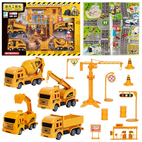 WFKKMEQ Spielzeugautos, 4 Stück Baufahrzeuge Spielzeug Autos Zurückziehen Fahrzeuge mit Spielmatte und 6 Straßensperre Pull Back Autos Modellauto Bagger Spielzeugs Cars Spielzeug für Kinder von WFKKMEQ