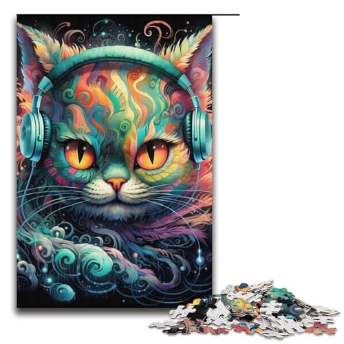 1000 Teile für Erwachsene, Kopfhörer-Katzen-Puzzle, interessantes Puzzle zur Stressreduzierung, verbessert das Gedächtnis (Größe 38 x 26 cm) von WGLINGX