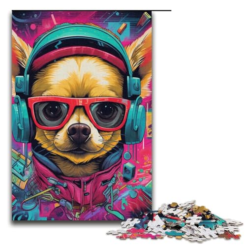 1000-teiliges Kopfhörer-Hunde-Puzzle für Erwachsene, Denksportaufgabe, lustiges Geschenk für Teenager ab 14 Jahren (Größe 38 x 26 cm) von WGLINGX