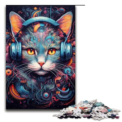 1000-teiliges Kopfhörer-Katzen-Puzzle für Erwachsene, EIN Kunstwerk für Teenager ab 14 Jahren (Größe 50 x 75 cm) von WGLINGX