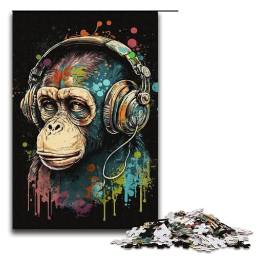 1000-teiliges Kopfhörer-Schimpansen-Puzzle für Erwachsene, schwieriges Puzzle, tolle Geschenke und Spielzeuge für Teenager ab 14 Jahren (Größe 38 x 26 cm) von WGLINGX
