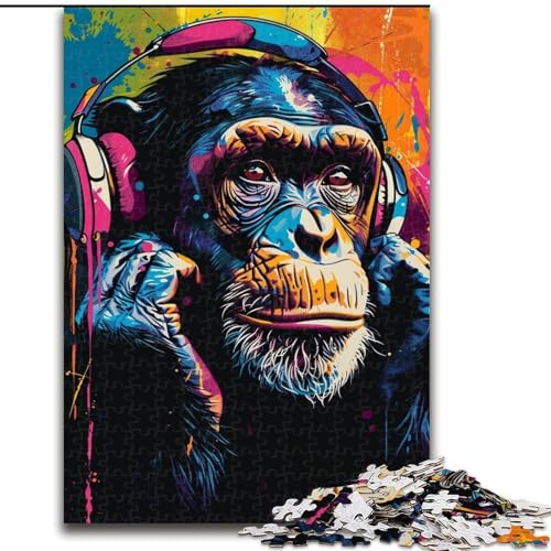 1000-teiliges Puzzle, AFFE hört Musik, 1000-teiliges Puzzle, Geschenke für Weihnachten, Halloween, Muttertag, Neujahr, Ostern (Größe 26x38cm) von WGLINGX
