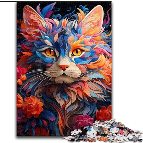 1000-teiliges Puzzle, Bunte Katzenkunst, Holzpuzzle für Teenager, Familien-Lernspiele, Heimdekoration, Geschenk (Größe 26x38cm) von WGLINGX