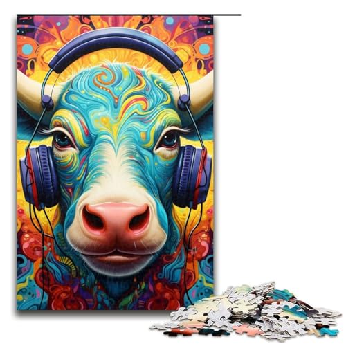 1000-teiliges Puzzle, Kopfhörer-Kuh-Puzzle für Holzpuzzle, tolles Geschenk für Erwachsene (Größe 50 x 75 cm) von WGLINGX