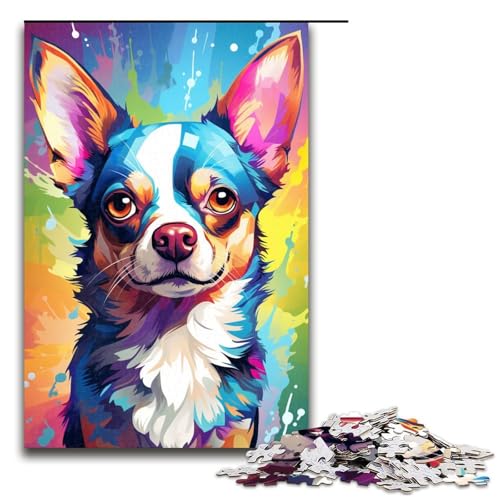 1000-teiliges Puzzle, Malen, farbenfrohes Chihuahua-Hundekunst-Puzzle für Teenager, Holzpuzzle, Lernspiele für Erwachsene (Größe 50 x 75 cm) von WGLINGX