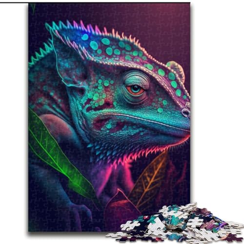 1000-teiliges Puzzle, Neon-Chamäleon, Holzpuzzle für Erwachsene, Kunstwerk-Dekor, Intelligenzspielzeug für Familien-Indoor-Spiele (Größe 26x38cm) von WGLINGX