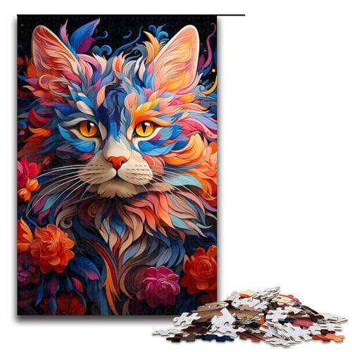 1000-teiliges Puzzle, buntes Katzen-Kunst-Puzzle für Erwachsene, Holzpuzzle, gutes Geschenk für Erwachsene (Größe 50 x 75 cm) von WGLINGX