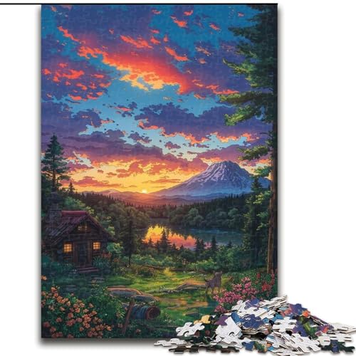 1000-teiliges Puzzle „Bergdorf bei Sonnenuntergang“, Holzpuzzle für Teenager, Familien-Lernspiele, Heimdekoration, Geschenk (Größe 26x38cm) von WGLINGX