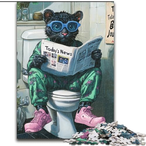 1000-teiliges Puzzle „Black Leopard Go Toilet“, Holzpuzzle für Erwachsene, bunt, lustig, herausfordernd und knifflig (Größe 50x75cm) von WGLINGX